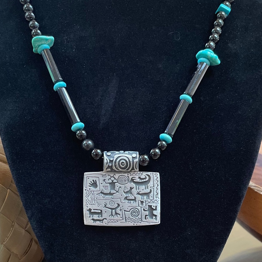 Lovely Pewter Pendant with Southwest Petroglyphs with Turquoise and Onyx Beads